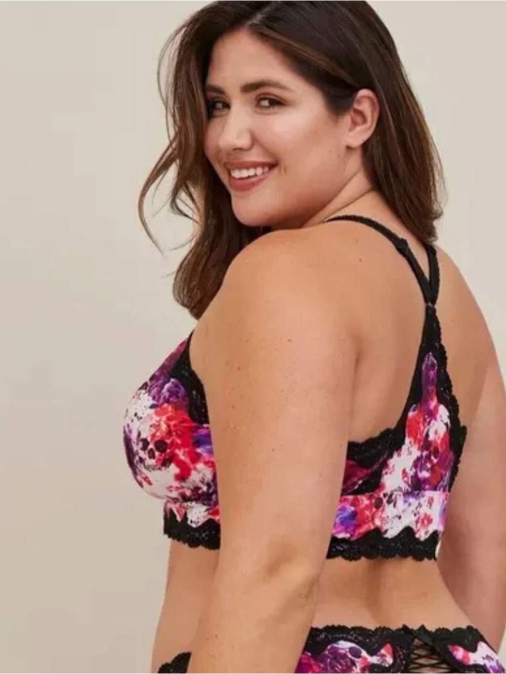 Torrid Lace-Back Water Color Skull Print Bralette in Pink & Purple